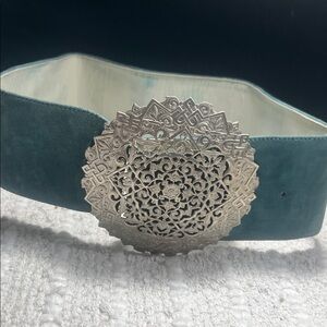 Vintage Charles Jourdan Blue Suede Wide Belt With Intricate Silver Buckle Small